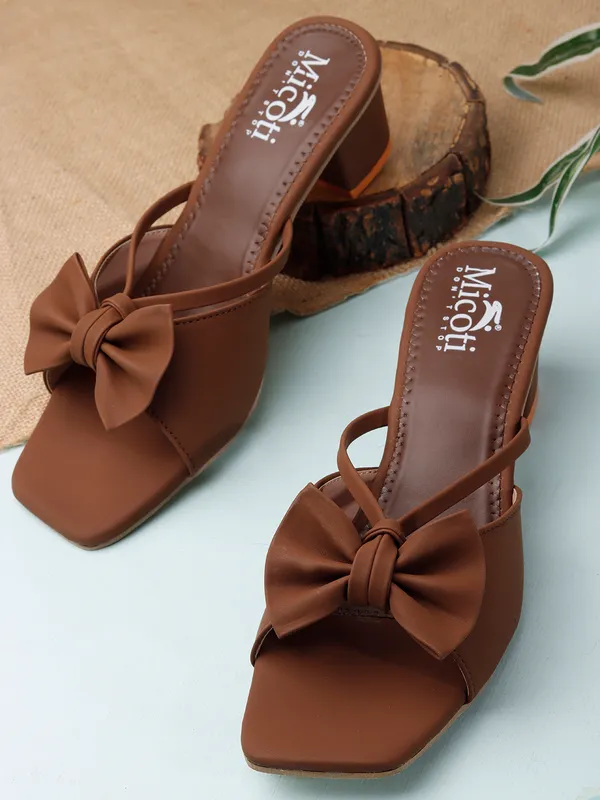 Brown_Synthetic_Bow_Detail_Open_Toe_Block_Heel_Mules_For_Women
