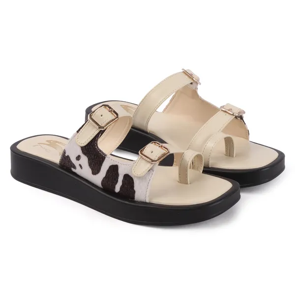 Black_White_Synthetic_Cow_Print_Buckle_Sandals_For_Women