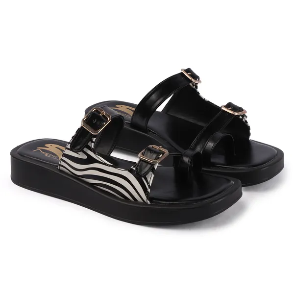Black_Synthetic_Zebra_Print_Buckle_Wedge_Sandals_For_Women