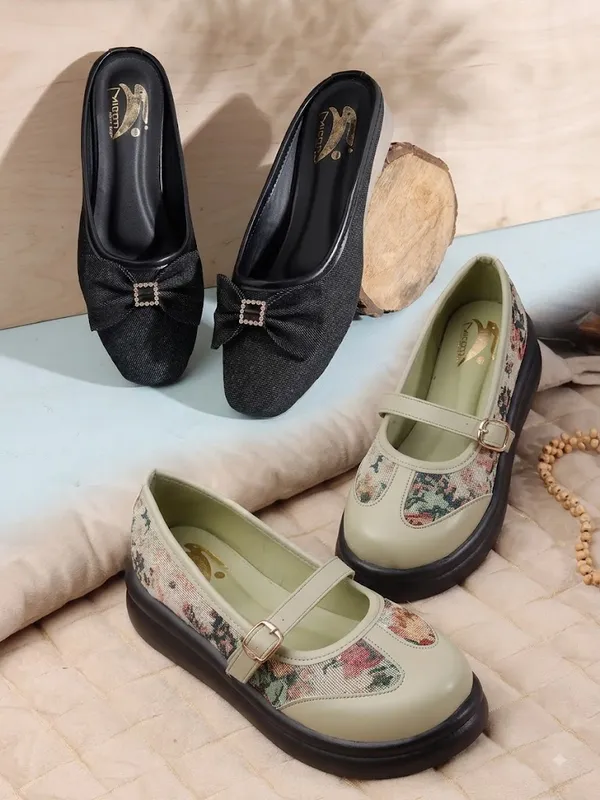 Black_And_Olive_Green_Textile_Bow_Detail_Wedge_Mules_And_Canvas_Floral_Mary_Jane_Platform_Shoes_For_Women