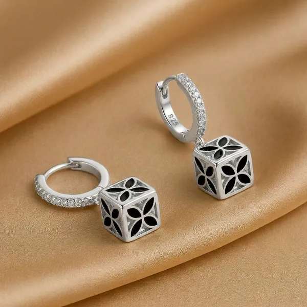 Mak_Luxe_925_Sterling_Silver_Black_Enamel_Floral_Cube_Drop_Earrings_for_Women