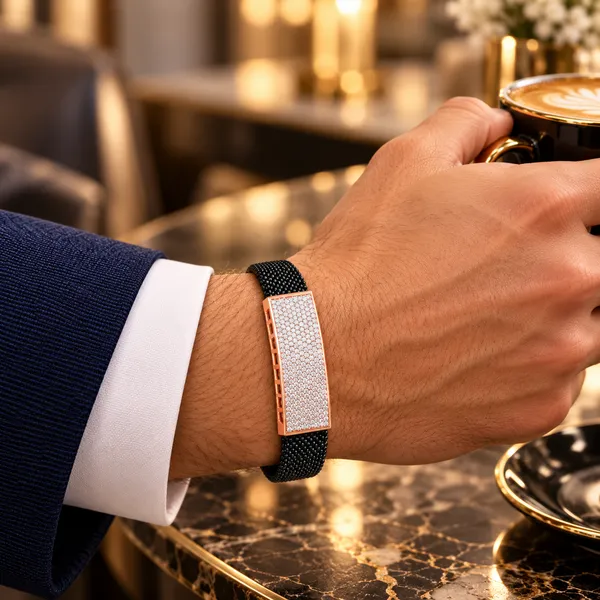MAK_Luxe_Premium_Men’s_Black_Mesh_Bracelet_with_Rose_Gold_CZ_Diamond_Bar_|_Luxury_Stylish_Bracelet_for_Men