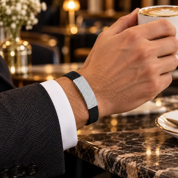 MAK_Luxe_Premium_Men’s_Black_Mesh_Bracelet_with_Silver_CZ_Diamond_Bar_|_Stylish_Luxury_Bracelet_for_Men
