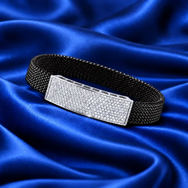 MAK_Luxe_Premium_Men’s_Black_Mesh_Bracelet_with_Silver_CZ_Diamond_Bar_|_Stylish_Luxury_Bracelet_for_Men