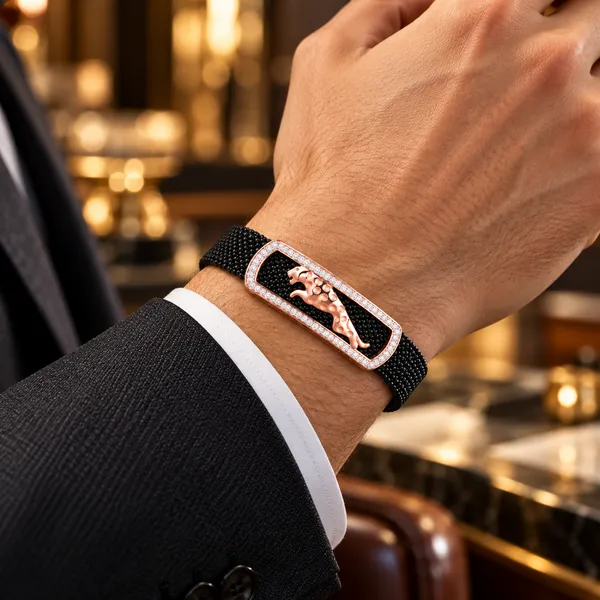 MAK_Luxe_Premium_Men’s_Black_Mesh_Panther_Bracelet_with_Rose_Gold_CZ_Stone_Frame_|_Luxury_Designer_Bracelet_for_Men