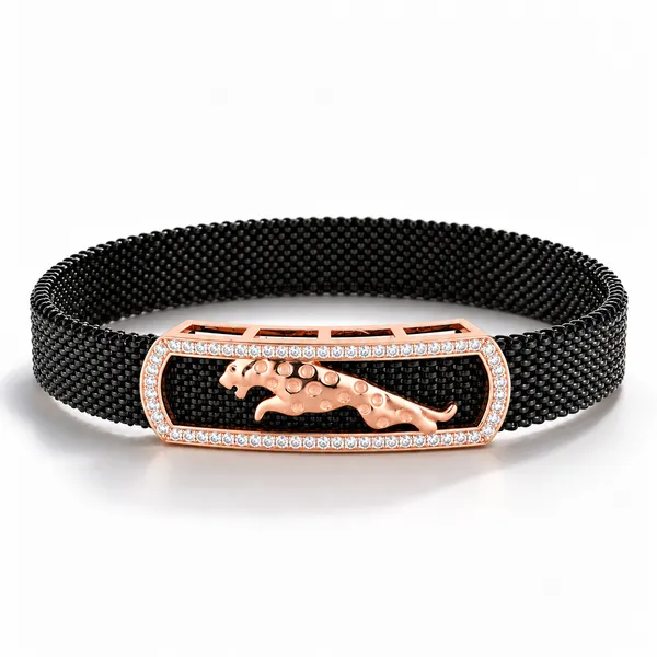 MAK_Luxe_Premium_Men’s_Black_Mesh_Panther_Bracelet_with_Rose_Gold_CZ_Stone_Frame_|_Luxury_Designer_Bracelet_for_Men