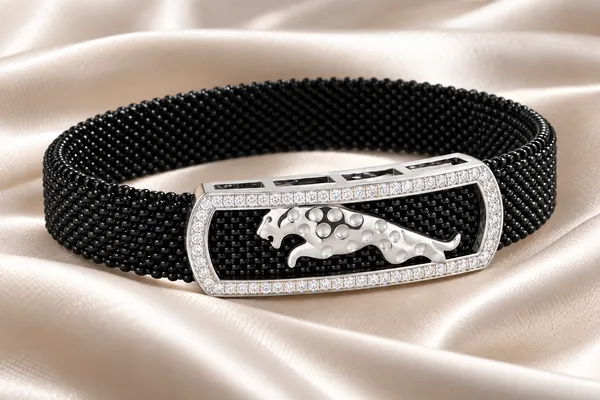 MAK_Luxe_Premium_Men’s_Black_Mesh_Panther_Bracelet_with_Silver_CZ_Stone_Frame_|_Luxury_Designer_Bracelet_for_Men