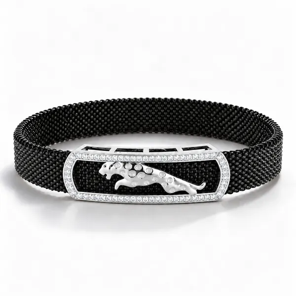 MAK_Luxe_Premium_Men’s_Black_Mesh_Panther_Bracelet_with_Silver_CZ_Stone_Frame_|_Luxury_Designer_Bracelet_for_Men