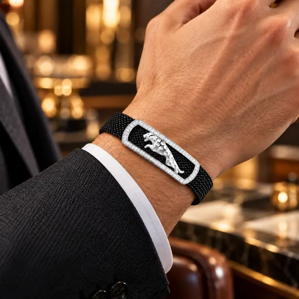 MAK_Luxe_Premium_Men’s_Black_Mesh_Panther_Bracelet_with_Silver_CZ_Stone_Frame_|_Luxury_Designer_Bracelet_for_Men
