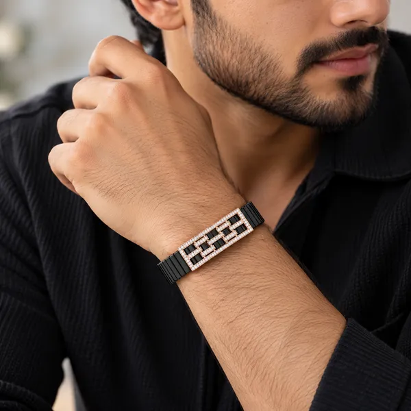 Rose_Gold_Diamond_Plate_Black_Link_Bracelet