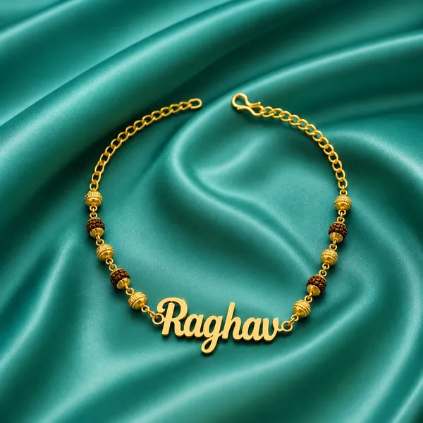 Golden_Customized_Rakhi_With_Rudraksha_Chain