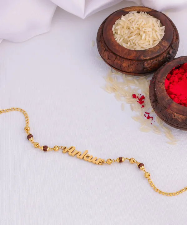 Golden_Customized_Rakhi_With_Rudraksha_Chain
