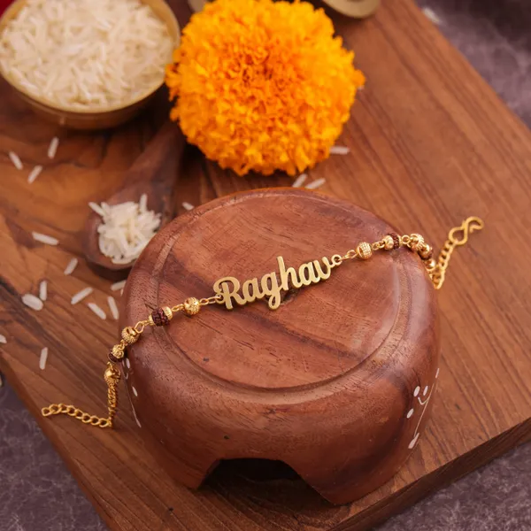 Golden_Customized_Rakhi_With_Rudraksha_Chain