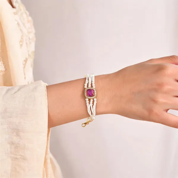 White_Alloy_Beaded_Purple_Stone_Bracelet_For_Women