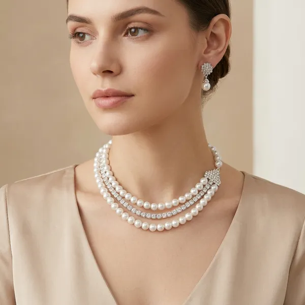White_Pearl_Alloy_Necklace_And_Earrings_Set_For_Women