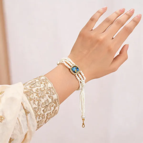 White_Blue_Beaded_Alloy_Accent_Bracelet_For_Women