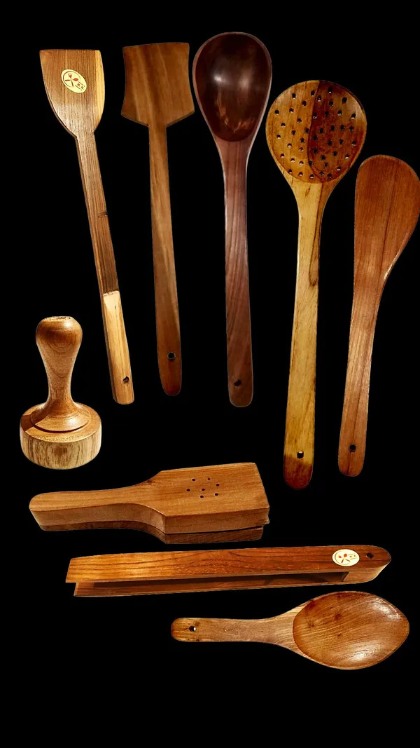 Teak_Wood_Kitchen_Brown_9-Piece_Utility_Tong_Set