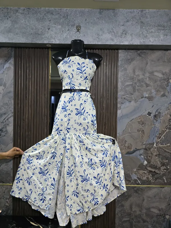 White_Floral_crop_top__Flared_skirt_style_Dress_for_Women