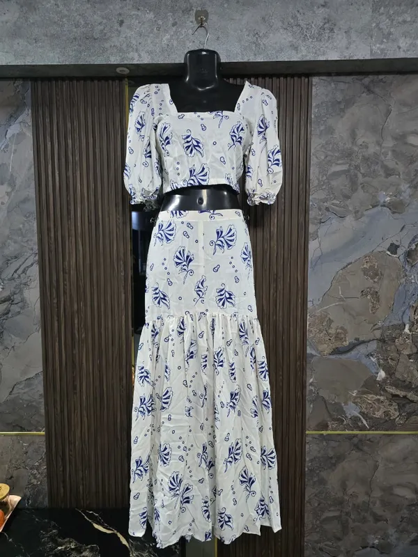 White_Floral_Print_Crop_Top_And_Skirt_Set_for_Women