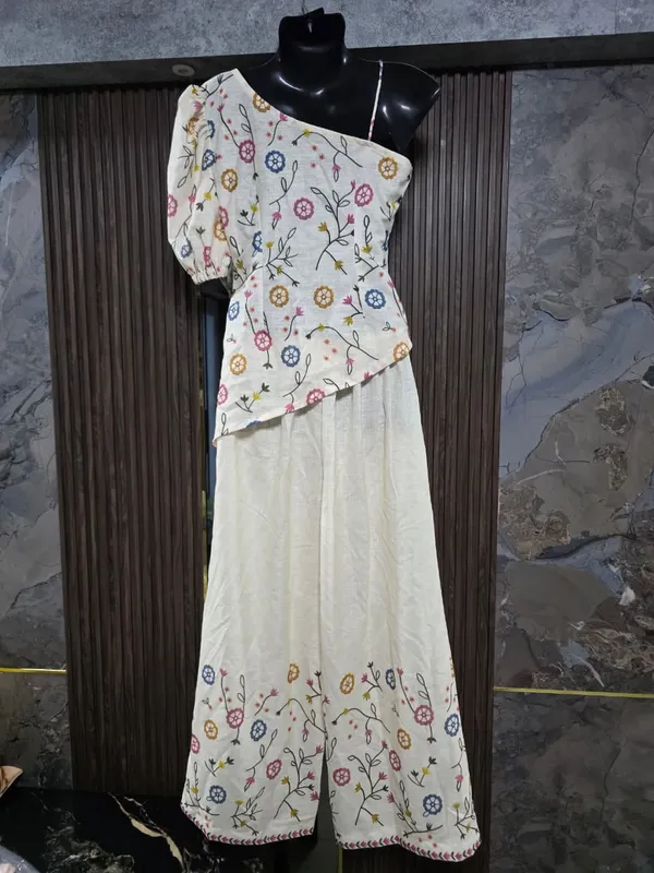 White_Floral_Print_Asymmetric_Top_And_Palazzo_Set_For_Women