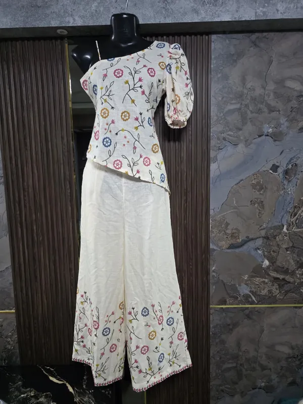 White_Floral_Print_Asymmetric_Top_And_Palazzo_Set_For_Women