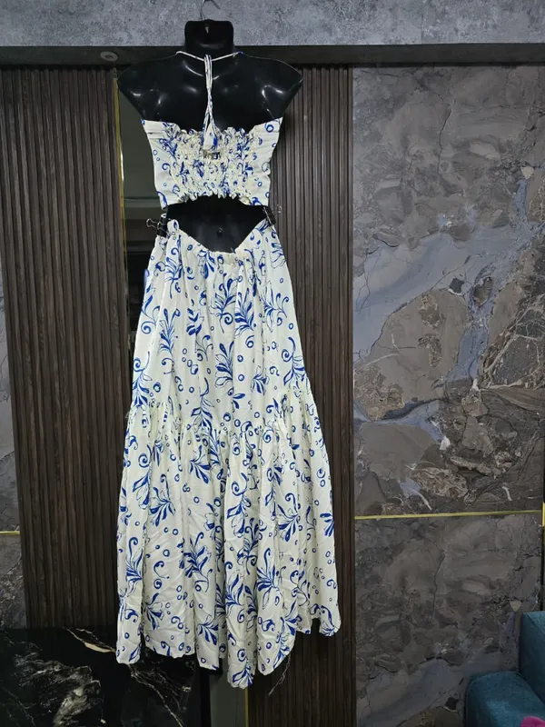 White_Floral_crop_top__Flared_skirt_style_Dress_for_Women