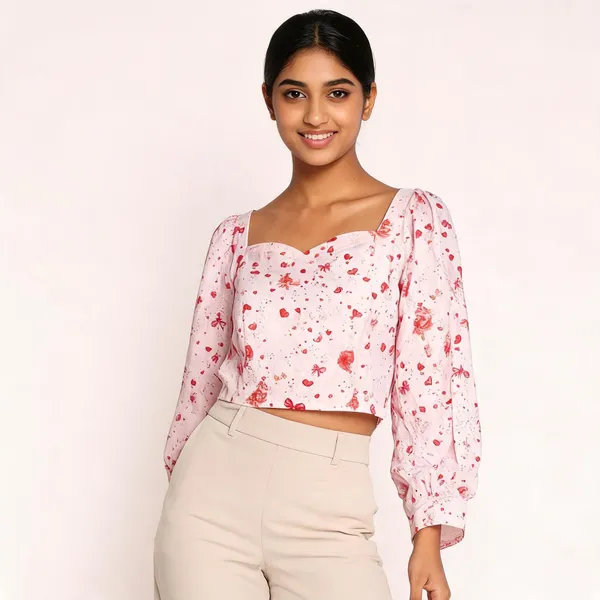 Pink_Muslin_Cropped_Long_Sleeve_Top_For_Women