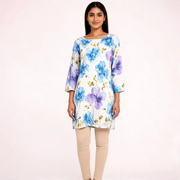 Blue_Rayon_Flared_Long_Sleeve_Floral_Kurti_For_Women