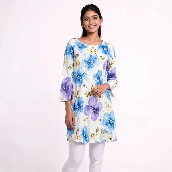 Blue_Rayon_Flared_Long_Sleeve_Floral_Kurti_For_Women