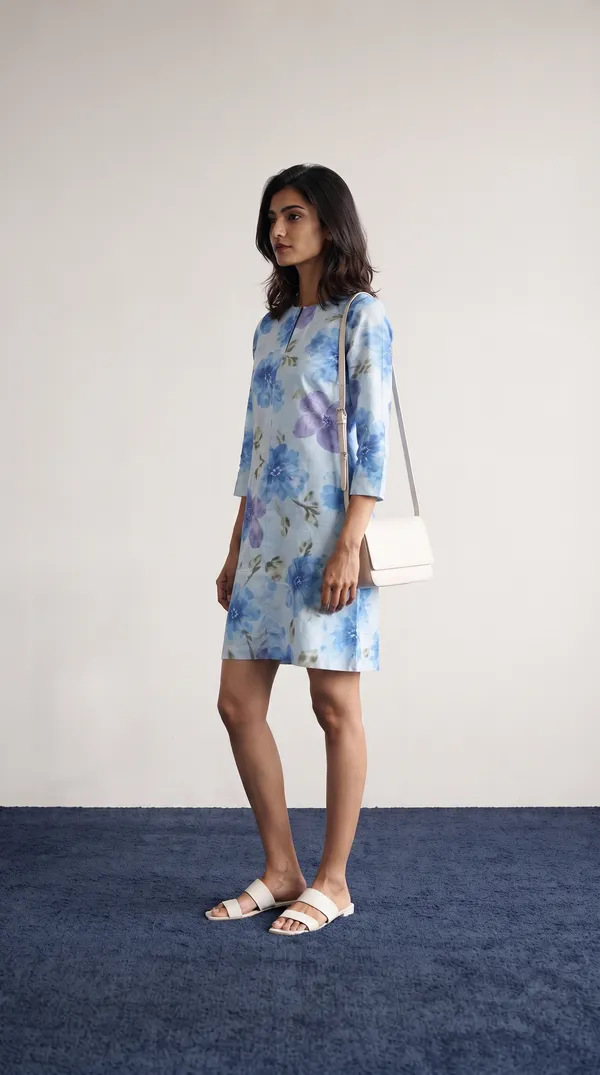 Blue_Rayon_Flared_Long_Sleeve_Floral_Kurti_For_Women