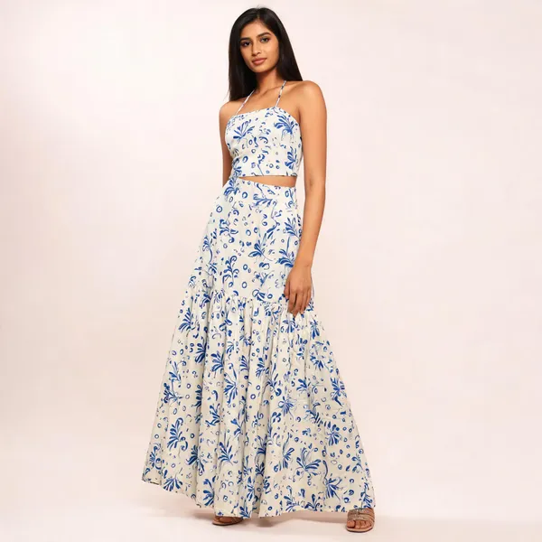 White_Muslin_Sleeveless_Floral_Flared_Skirt_Dress_For_Women