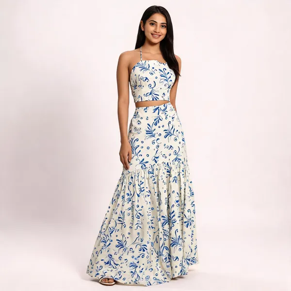 White_Muslin_Sleeveless_Floral_Flared_Skirt_Dress_For_Women