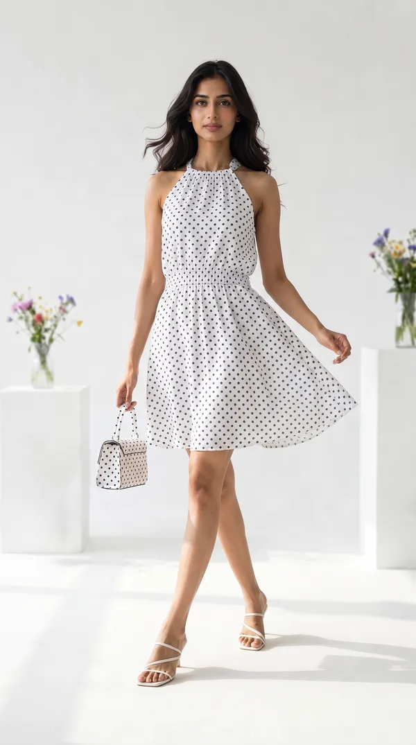 White_Muslin_Halter_Neck_Polka_Dot_Dress_For_Women