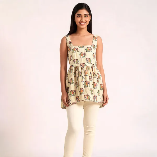 Cream_Muslin_A_Line_Elephant_Print_Dress_For_Girls