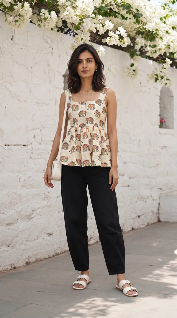 Cream_Muslin_A_Line_Elephant_Print_Dress_For_Girls