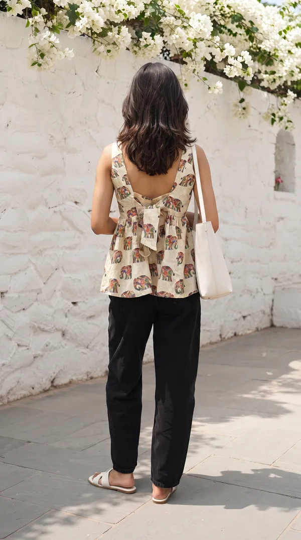 Cream_Muslin_A_Line_Elephant_Print_Dress_For_Girls