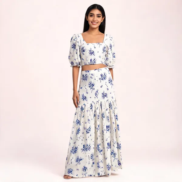 White_Rayon_Cotton_Floral_Print_Crop_Top_And_Skirt_Set_For_Women