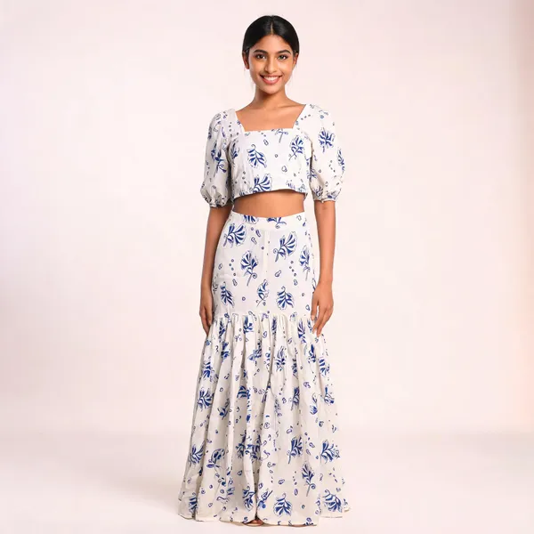 White_Rayon_Cotton_Floral_Print_Crop_Top_And_Skirt_Set_For_Women