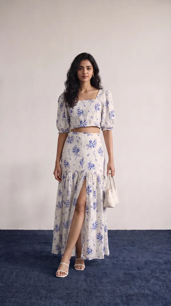 White_Rayon_Cotton_Floral_Print_Crop_Top_And_Skirt_Set_For_Women