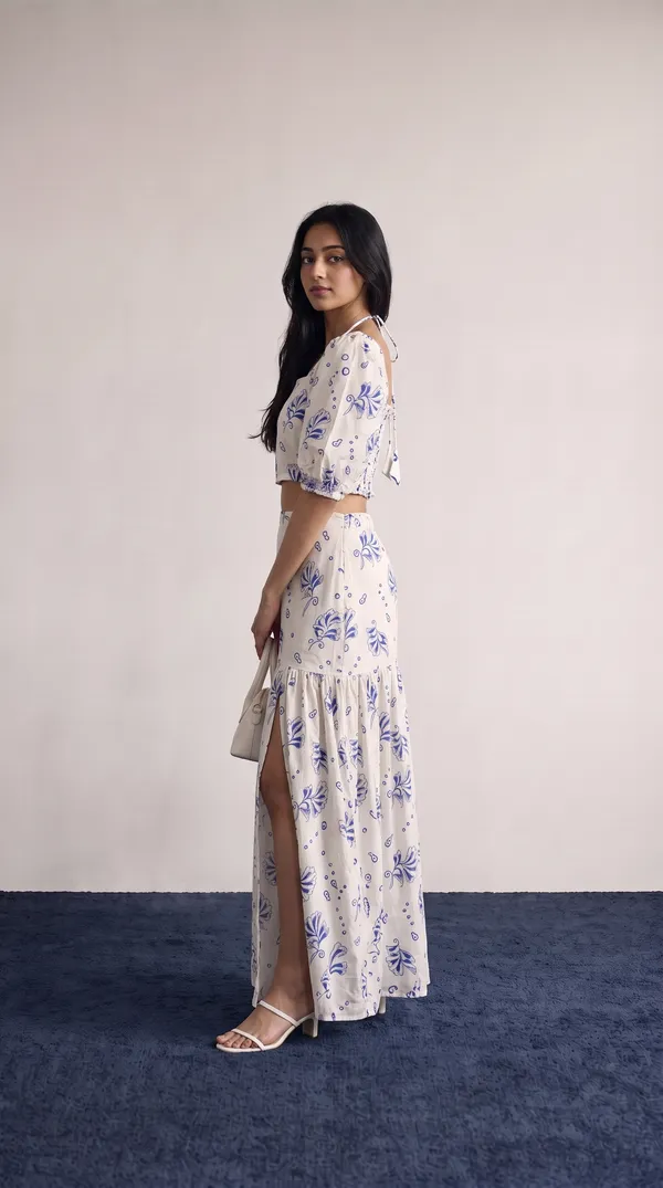 White_Rayon_Cotton_Floral_Print_Crop_Top_And_Skirt_Set_For_Women