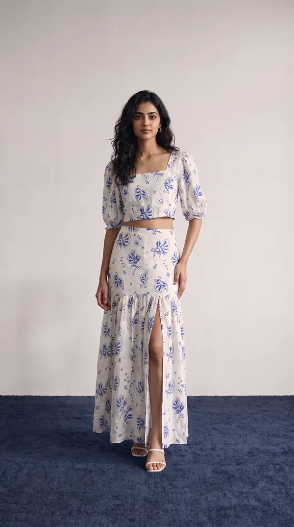 White_Rayon_Cotton_Floral_Print_Crop_Top_And_Skirt_Set_For_Women
