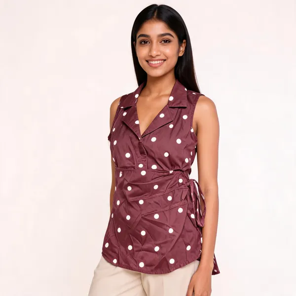 Maroon_Muslin_Sleeveless_Polka_Dot_Romper_For_Women