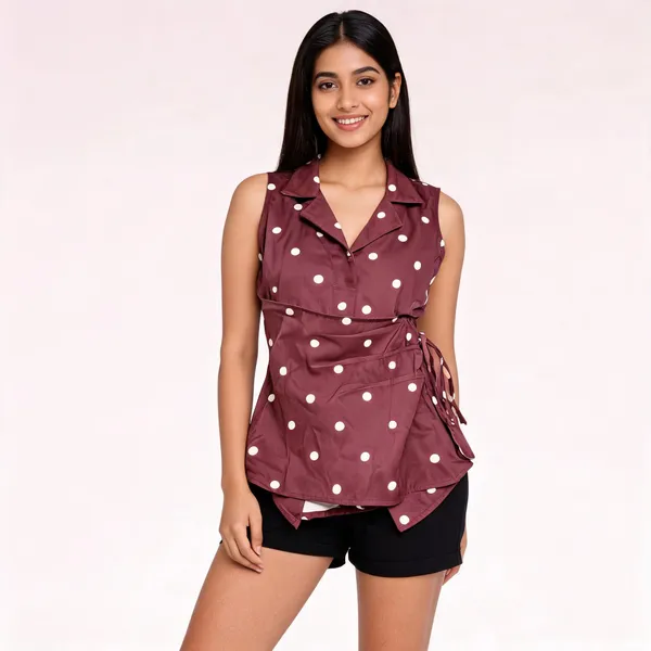 Maroon_Muslin_Sleeveless_Polka_Dot_Romper_For_Women