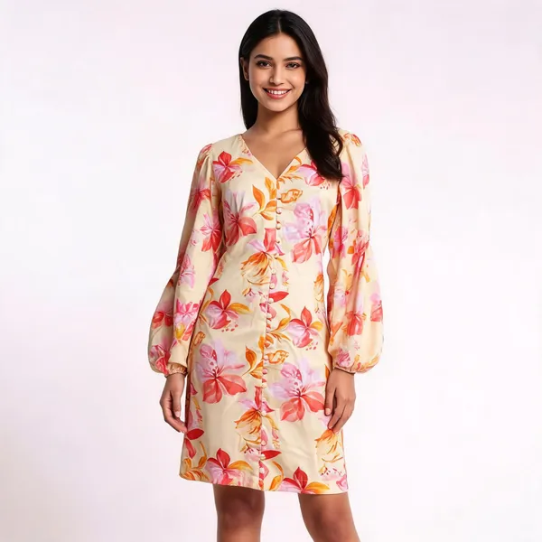 Cream_Rayon_Puff_Sleeve_Floral_Print_Button_Dress_For_Women