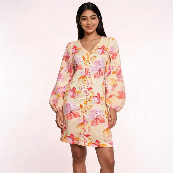 Cream_Rayon_Puff_Sleeve_Floral_Print_Button_Dress_For_Women