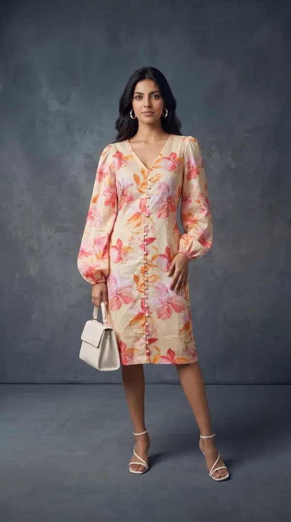 Cream_Rayon_Puff_Sleeve_Floral_Print_Button_Dress_For_Women