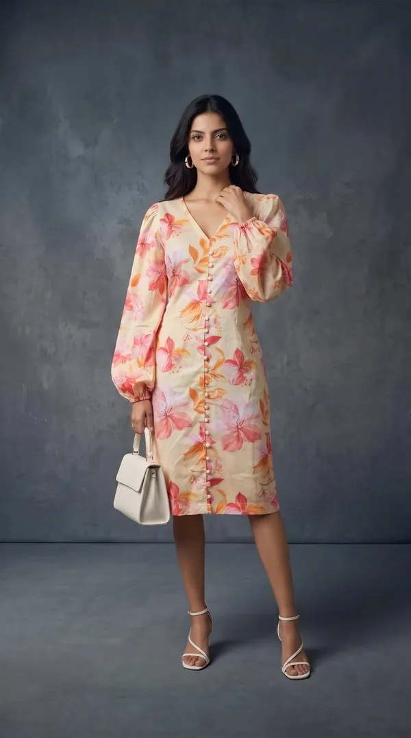 Cream_Rayon_Puff_Sleeve_Floral_Print_Button_Dress_For_Women