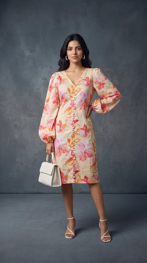 Cream_Rayon_Puff_Sleeve_Floral_Print_Button_Dress_For_Women