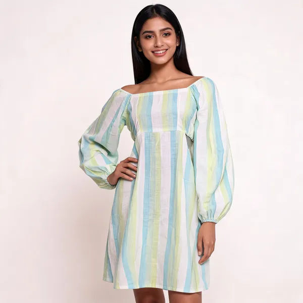 Green_Linen_Relaxed_Puff_Sleeve_Long_Dress_For_Women