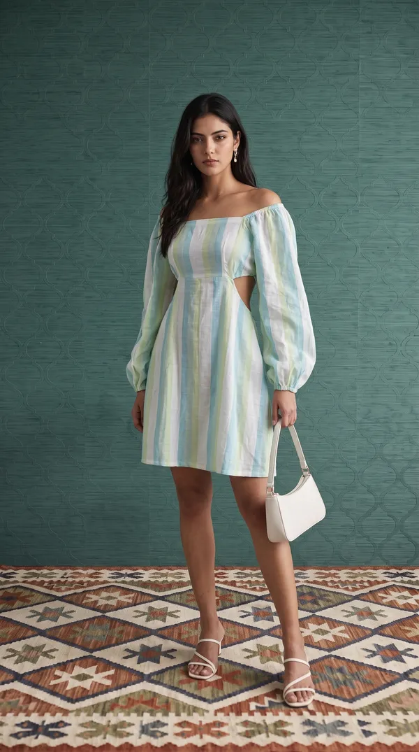 Green_Linen_Relaxed_Puff_Sleeve_Long_Dress_For_Women